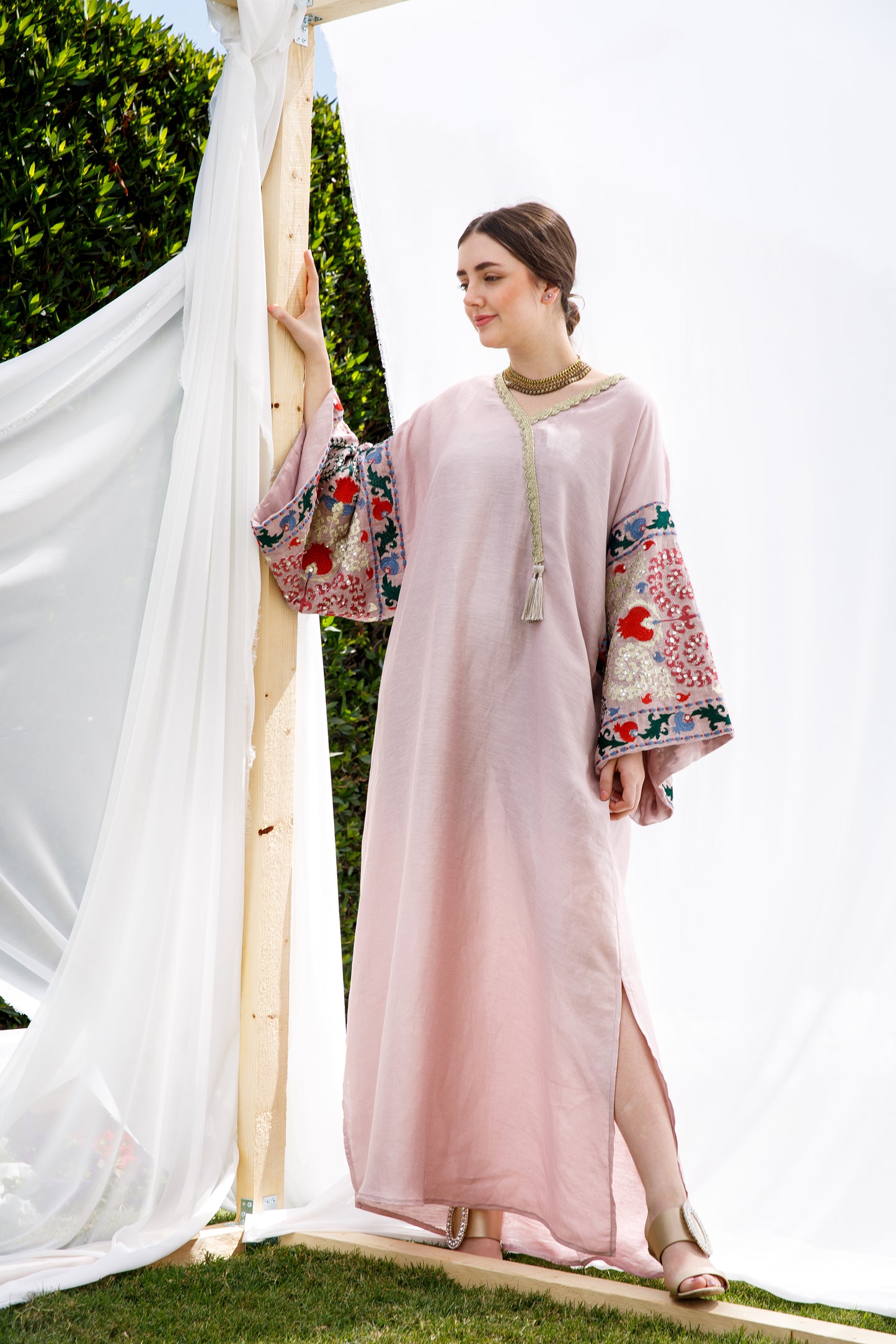 Pink Kaftan embroidered sleeves - Basma by Haya