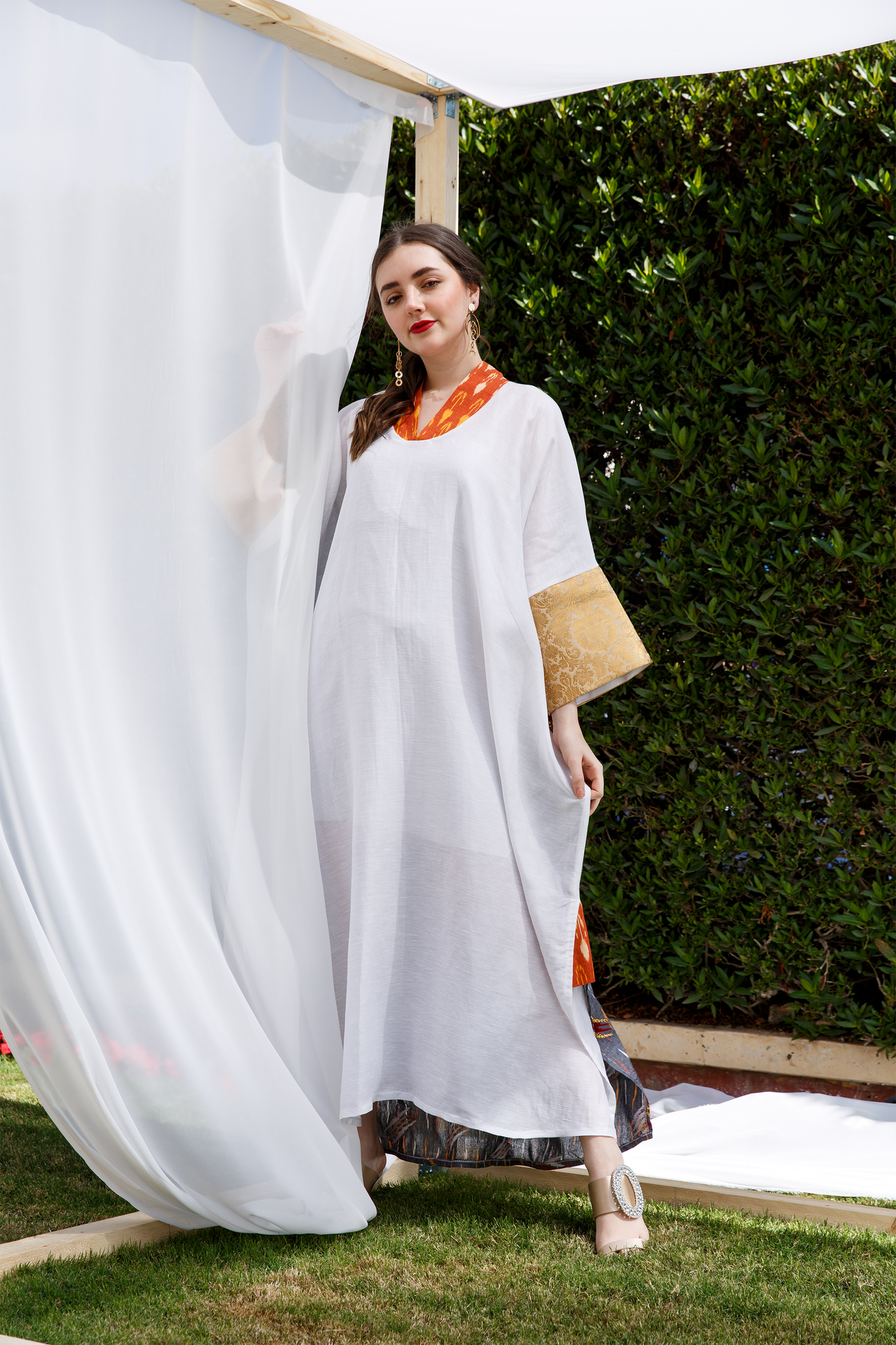 white kaftan, gray ikkat on the back - Basma by Haya