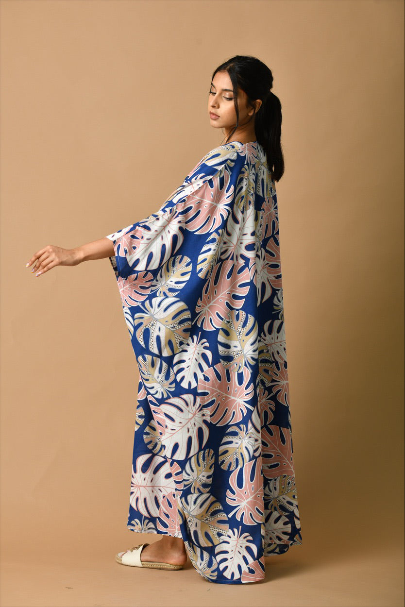 Blue leaf patterned kaftan - Basma by Haya