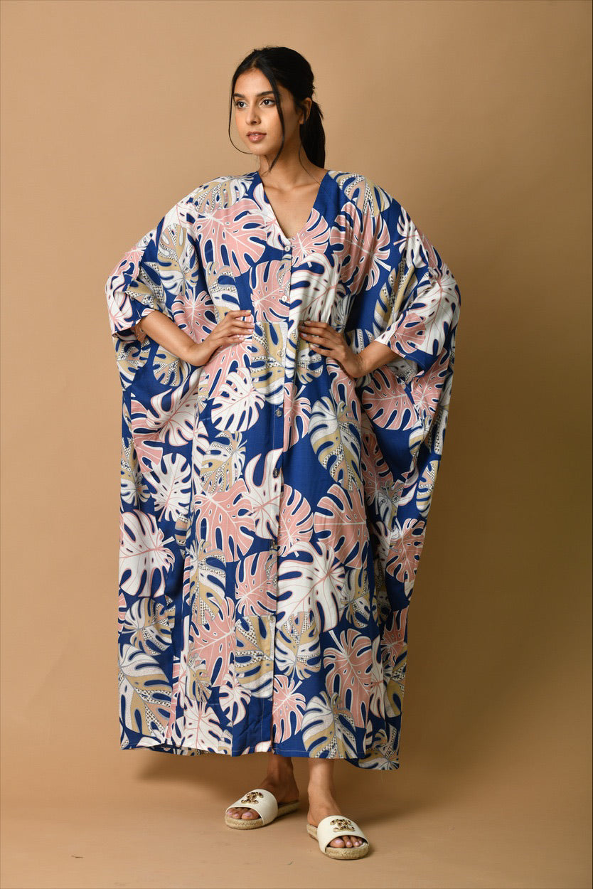 Blue leaf patterned kaftan - Basma by Haya